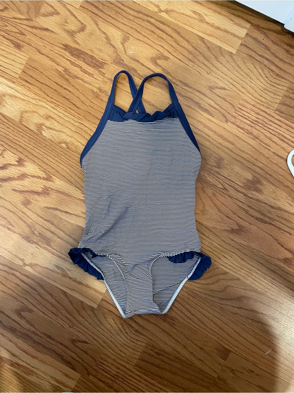 Petit Bateau Navy and White Striped Ruffle One-Piece Swimsuit